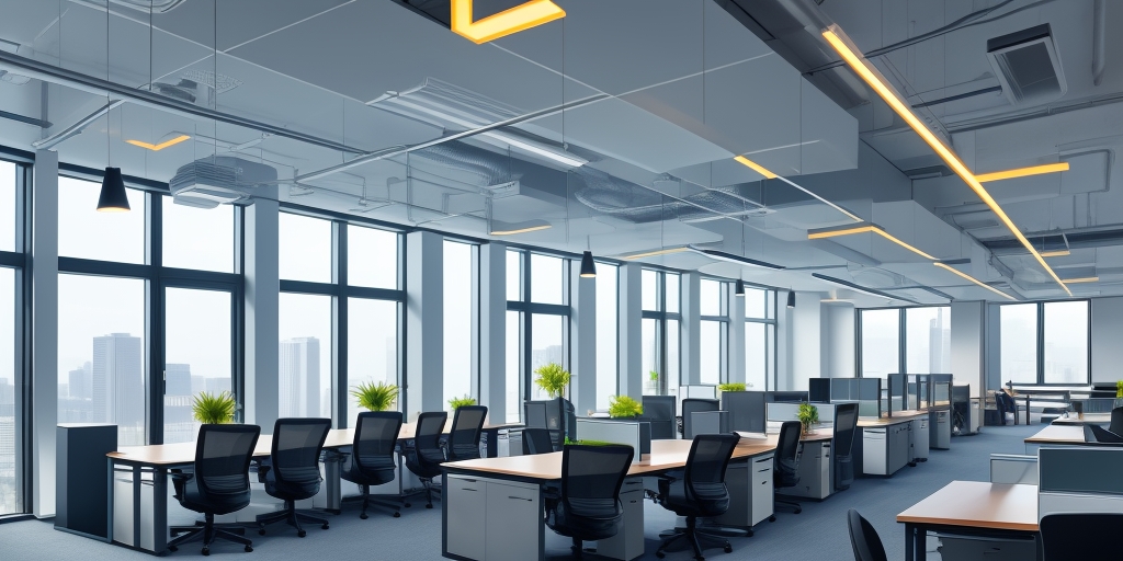 Modern UK office building featuring energy efficiency measures and carbon emissions monitoring systems