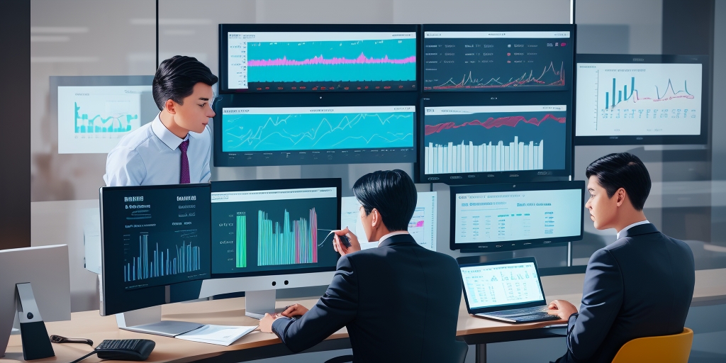 Business professionals reviewing SECR energy and carbon data on digital dashboard in modern UK office