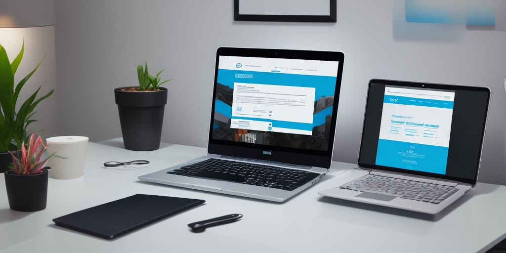 SME owner using laptop to build website with drag-and-drop interface in modern office